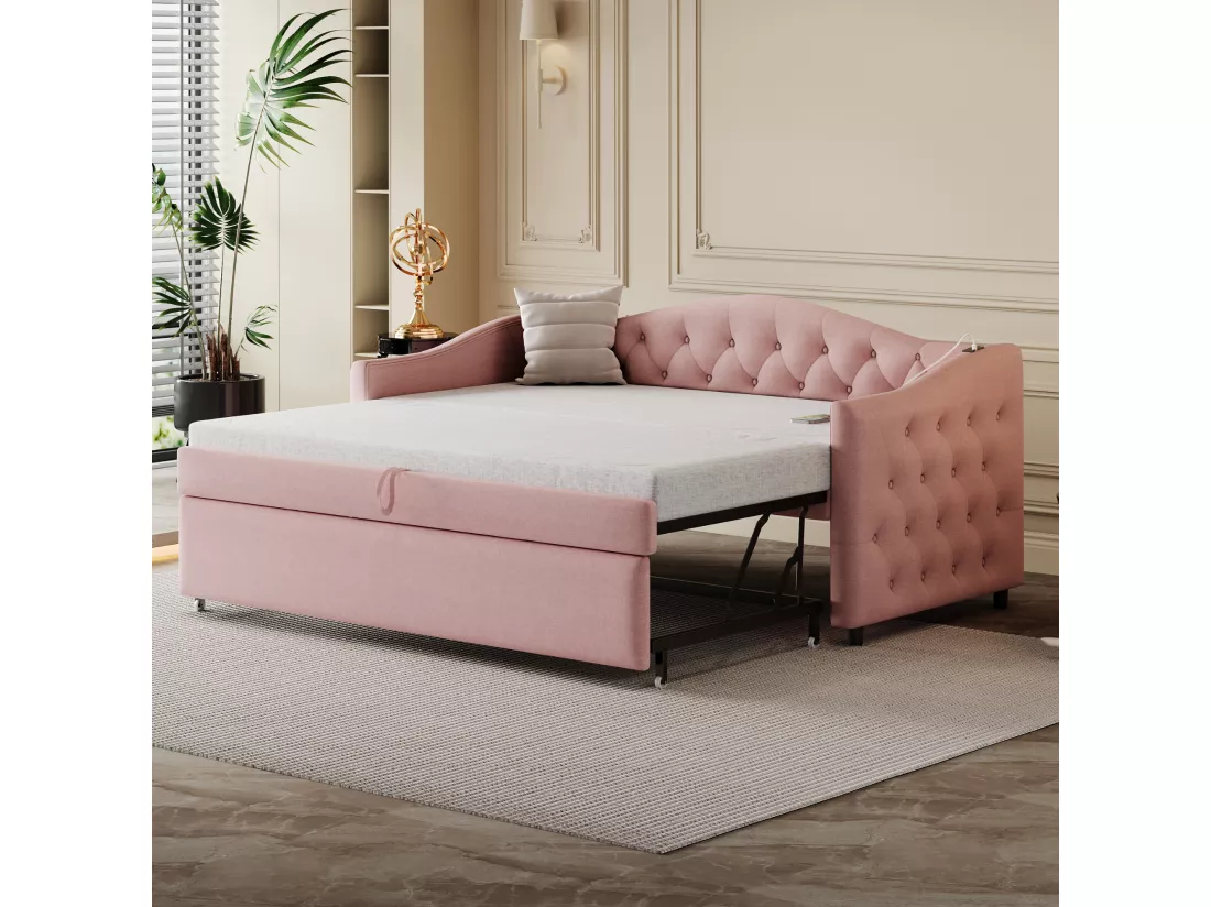 Lit gigogne 90 x 200 cm avec prises USB, canapé-lit - Tissu en lin - Sommier à lattes - Rose (sans matelas)