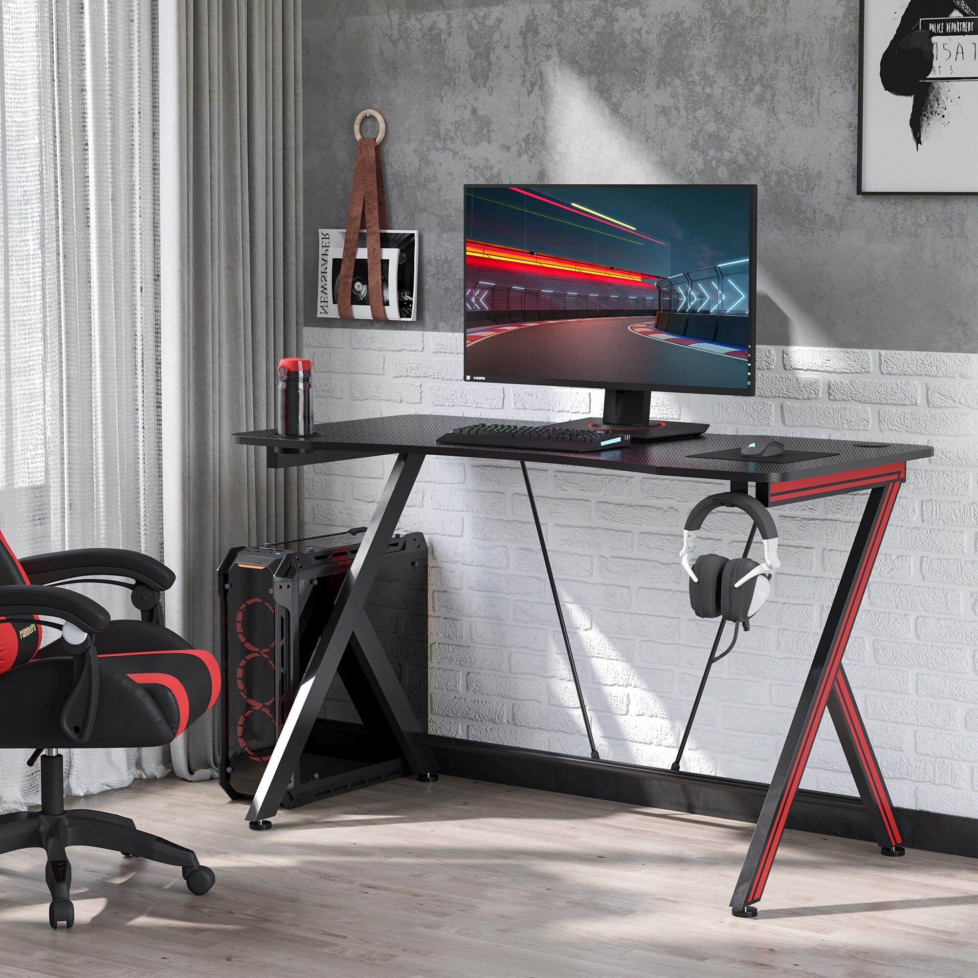 HOMCOM Gamingtisch mit Headset-Haken und Getränkehalter schwarz 105 x 55 x 75 cm (LxBxH)