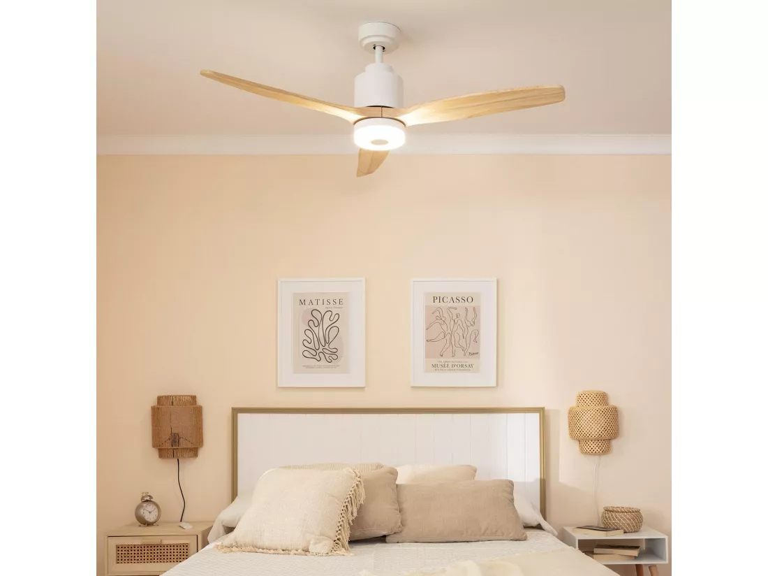 Ventilateur de Plafond Silencieux Mersin Bois & Blanc 132 cm Moteur DC Télécommande Sans lumière