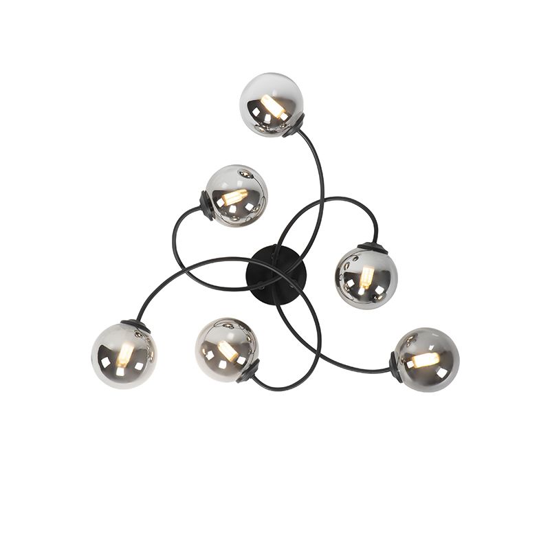 Moderne plafondlamp zwart 6-lichts met smoke glas - Athens