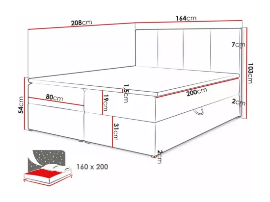 Lit continental Baltimore 147, Continental, Double, Noir, 160x200, Tapisserie, 164x208cm