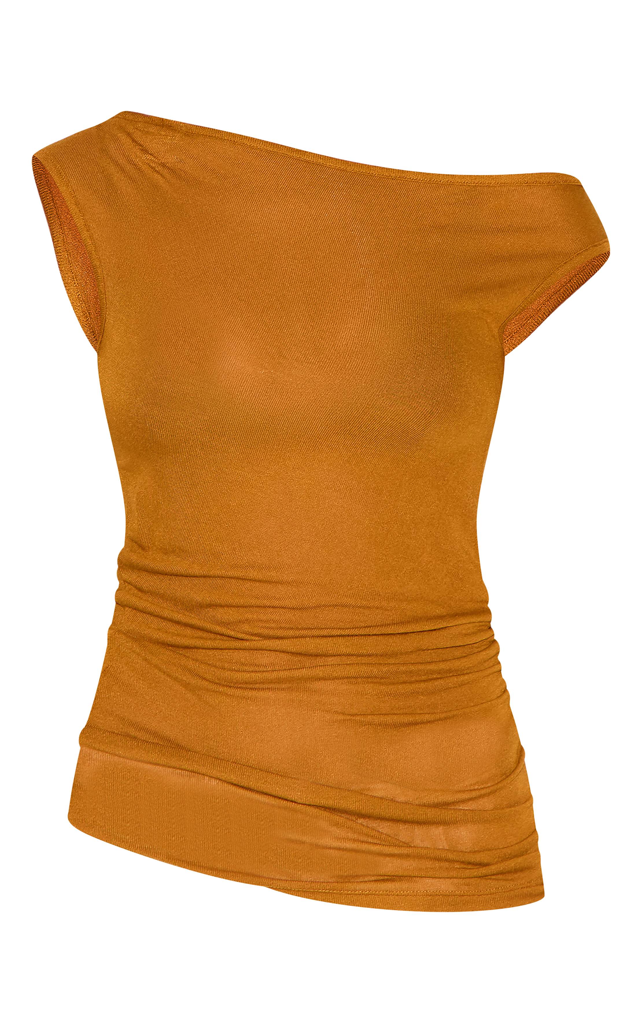 Marron Haut Long Sans Manches Col Bénitier En Matière Transparente Douce Au Toucher