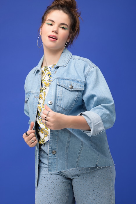 Jeansjacke, Boxy Shape, Glitzersteinchen, Hemdkragen, Langarm