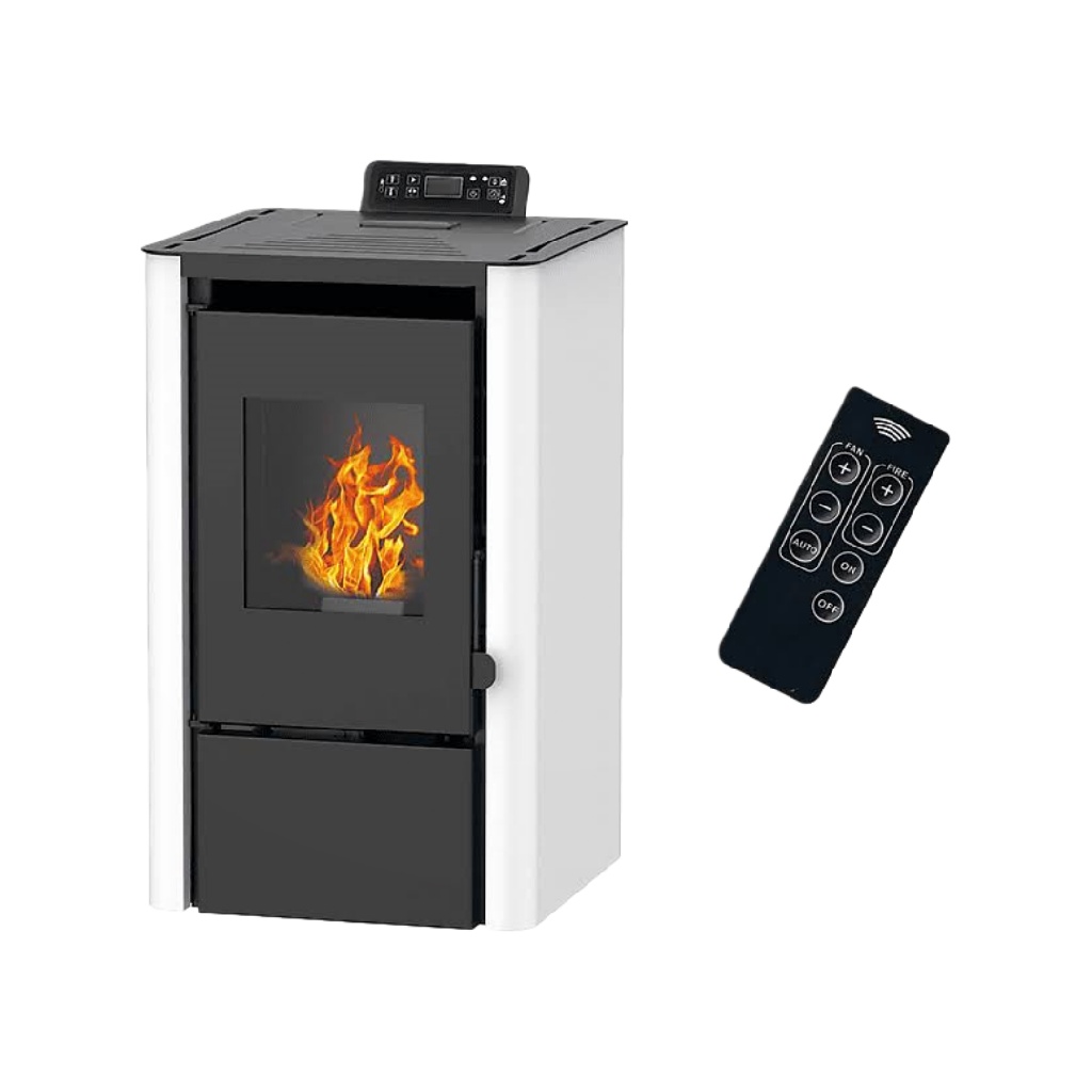 Poêle à Granulés de Bois avec Télécommande – Chauffage Écologique à Haut Rendement – Couleur Blanc et Noir