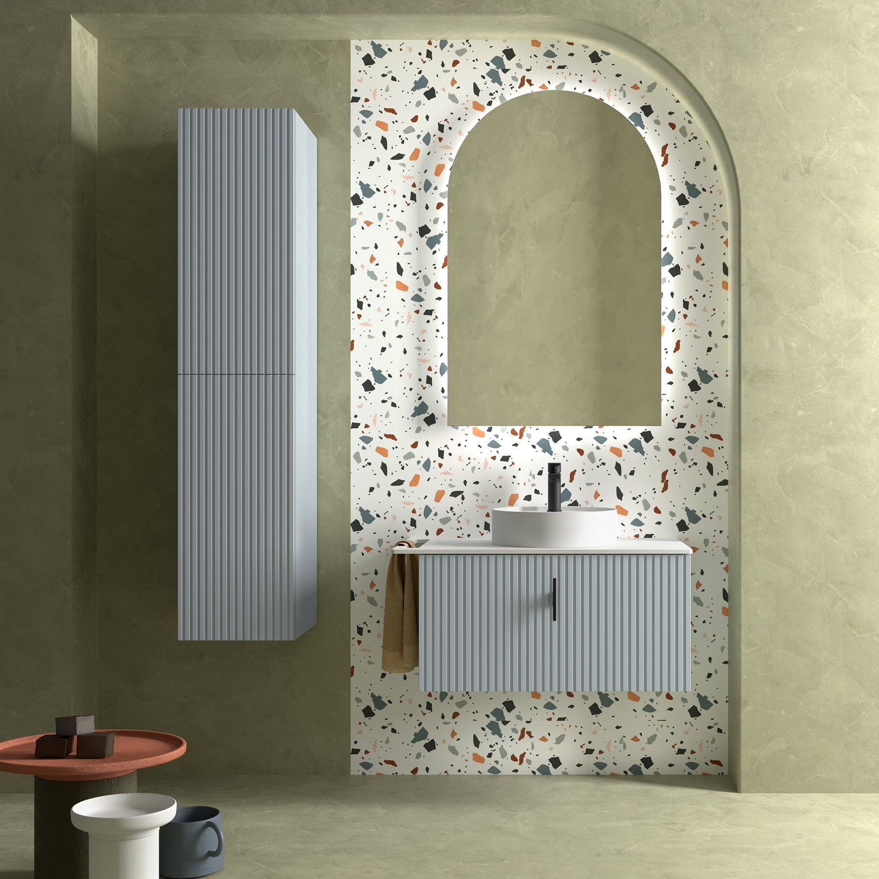 Muebles Raya onderkast ribbelfront 90cm met 1 softclose lade en binnenlade baby blauw