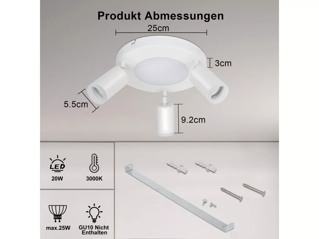 NETTLIFE Spot de plafond 3 ampoules GU10 20W chambre 3000k lampe de cuisine métal orientable