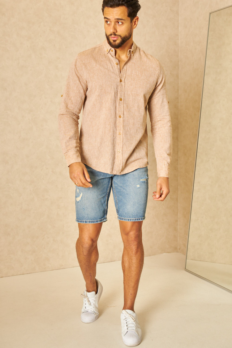 Chemise en lin beige chiné manches longues