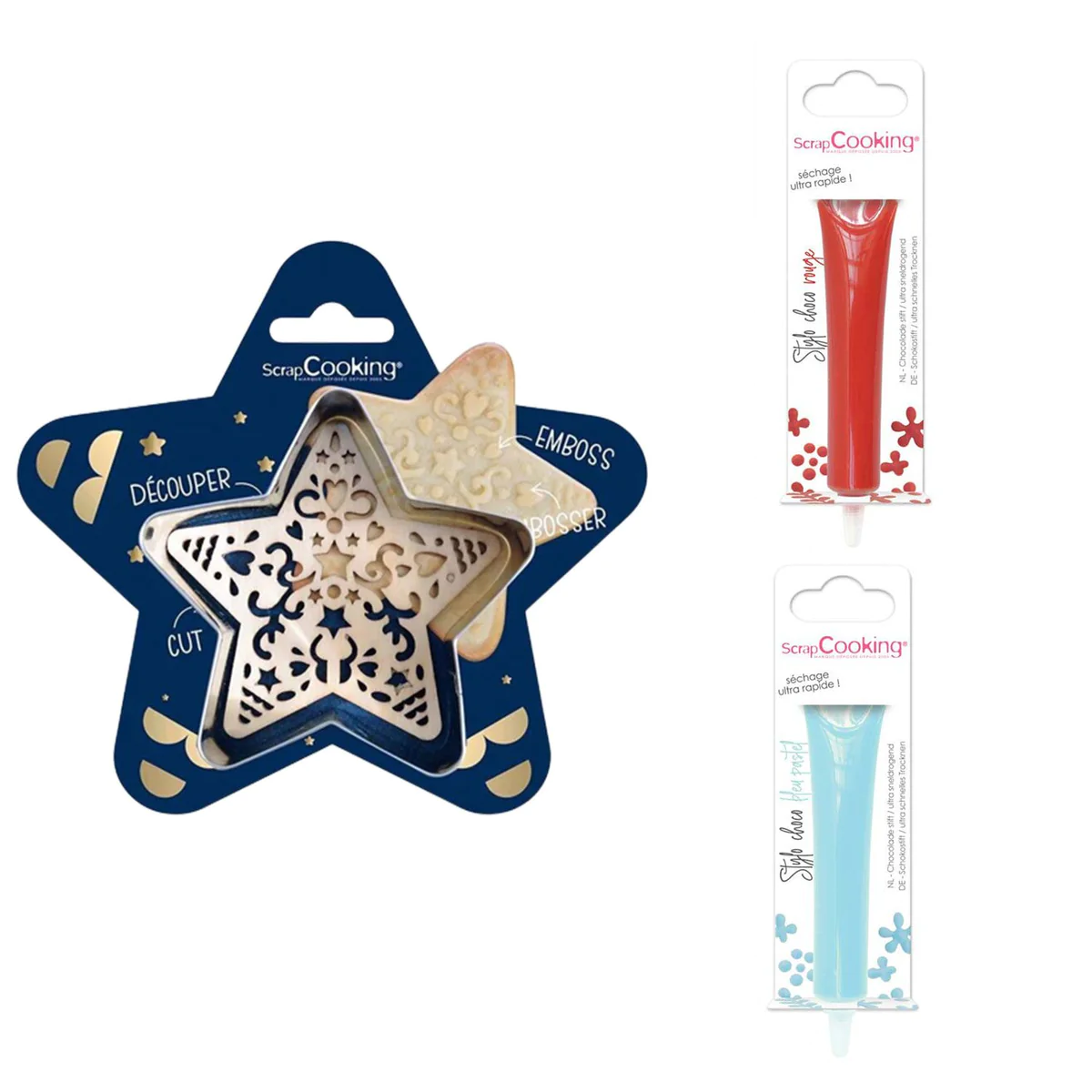 Kit pour biscuit en relief Étoile + 2 Stylos au chocolat rouge et bleu