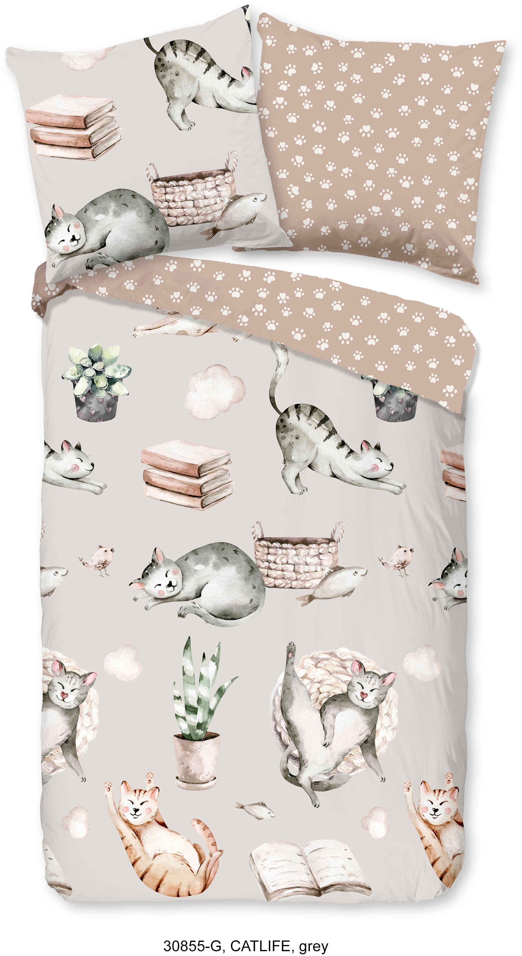 good morning Kinderbettwäsche »Catlife« 2 Stk. tlg. Baumwolle, 135x200, Reissverschluss, Wendeoptik, Kind, Katze, Grau