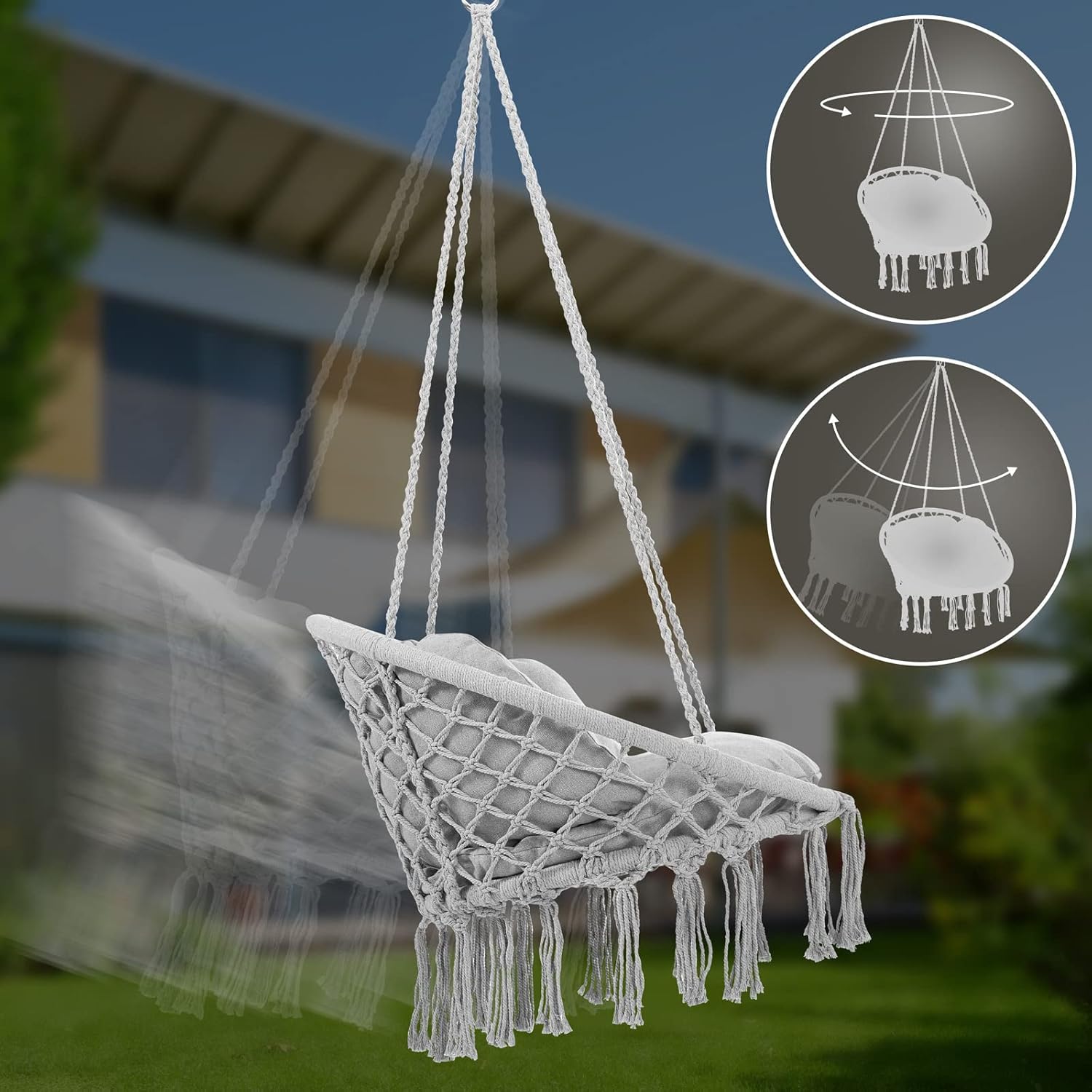 DETEX® Hängesessel bis 150kg Belastbar Boho Stil Wetterfest GS-Zertifiziert Garten 360° Drehbar Grau Hängestuhl Indoor & Outdoor inkl. bequemer Kissen