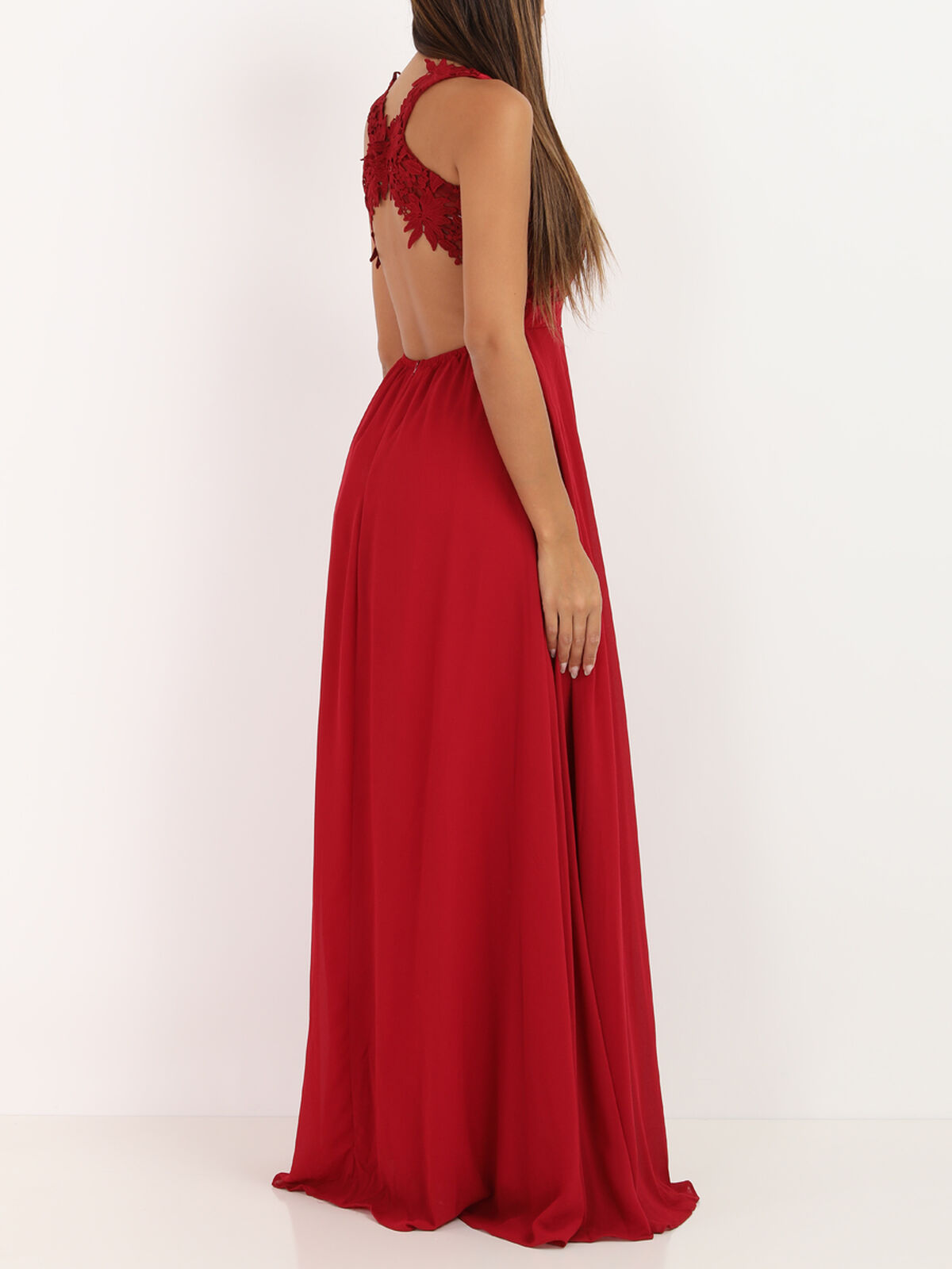 Robe longue à broderies fleuries- Rouge