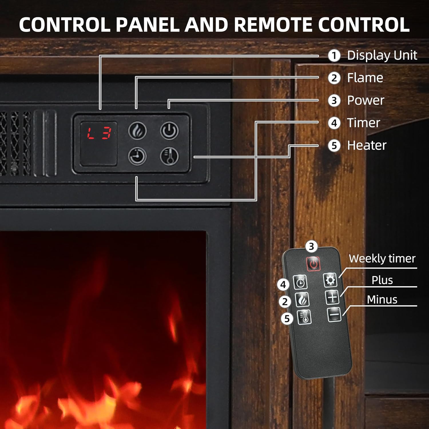 YITAHOME Elektrokamin mit heizung, elektrischer Kamin für das Wohnzimmer mit flammeneffekt, Einstellbarer Flamme, 1-8 Stunden Timer, Überhitzungsschutz, Heizfunktion & Fernbedienung (Rustikal Braun)