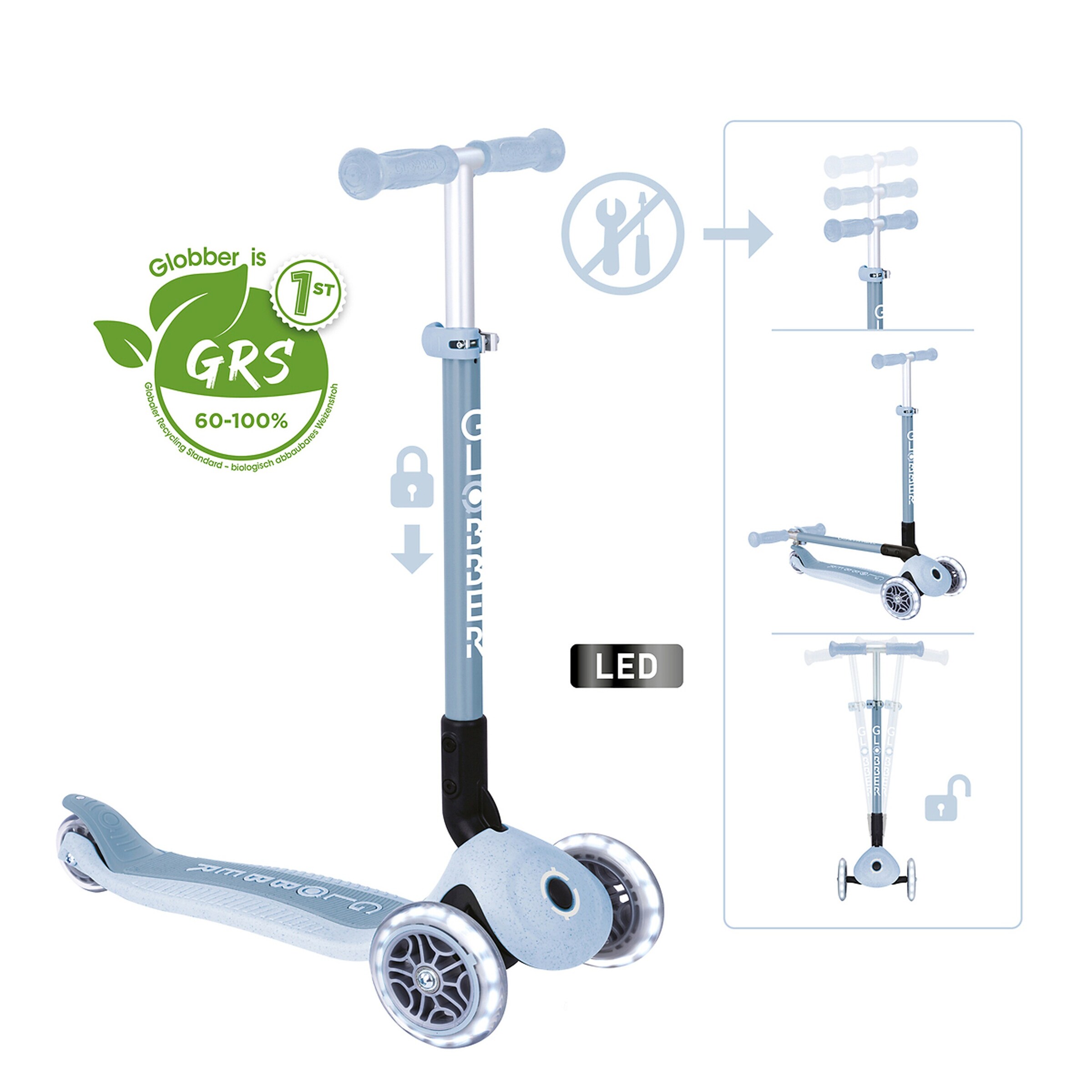 Globber Scooter PRIMO Foldable Lights ECO blaubeere