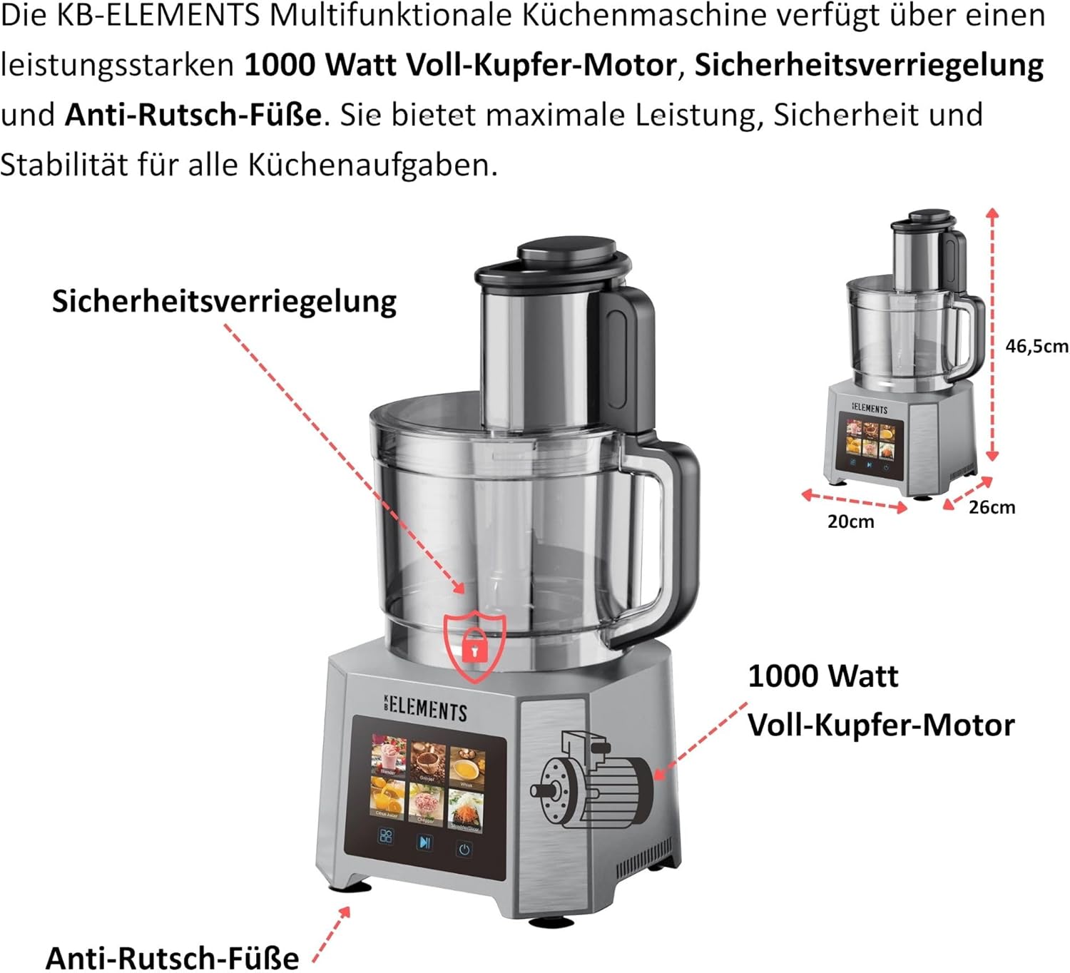 Küchenmaschine - Mixer, Gemüseschreider, 1000W Voll Kupfer Motor, Full Touch Display, 3 Liter Schüßel, Doppelschneideklinge, Edelstahl