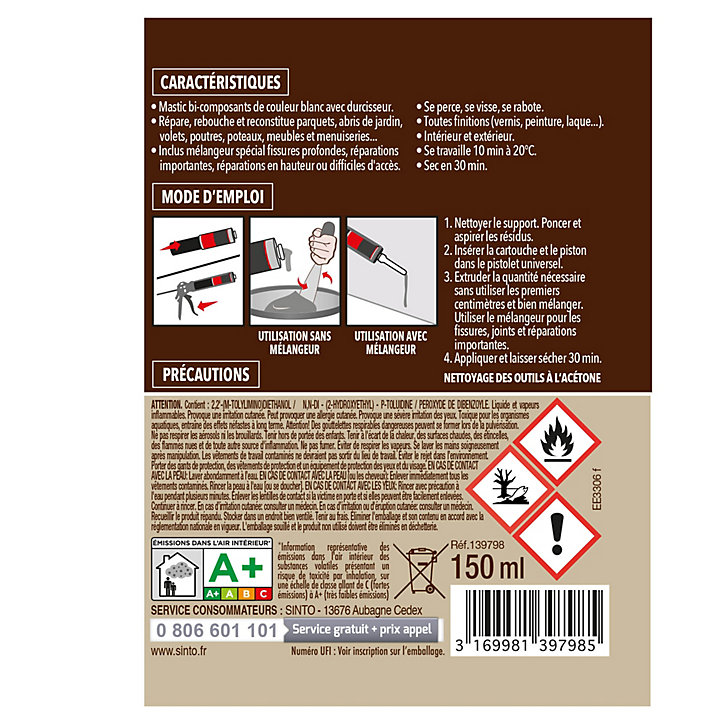 Répare bois teinte blanc Sintobois 150ml