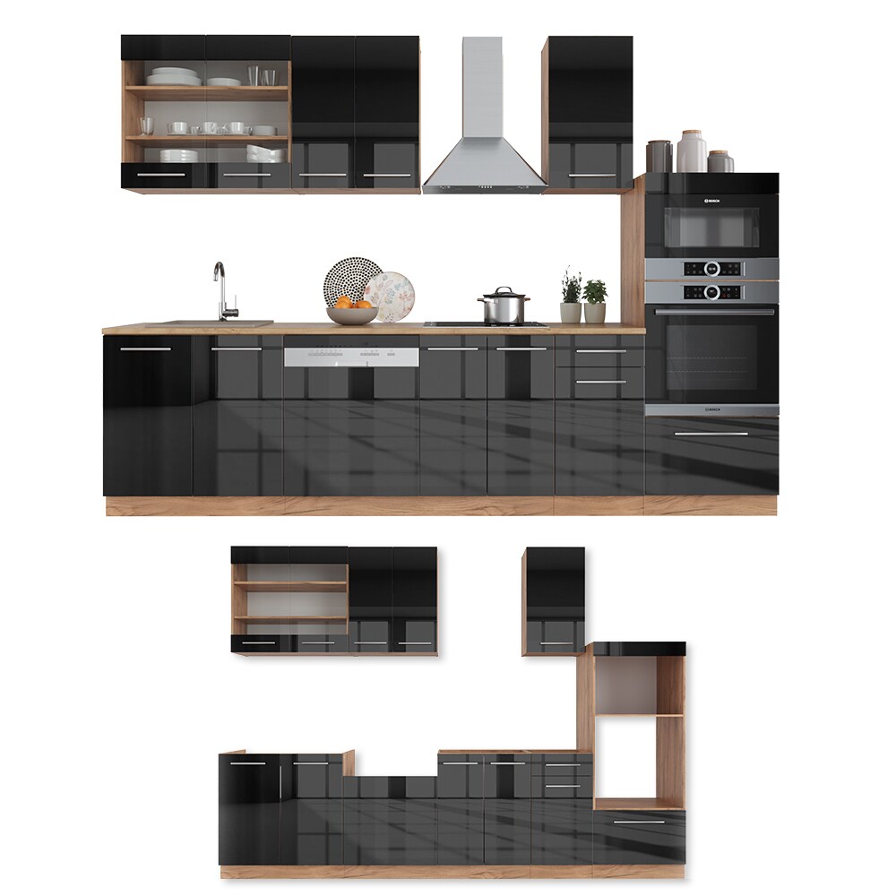 Vicco Küchenzeile Küchenblock Einbauküche Fame-Line Eiche Anthrazit 300 cm modern Küchen Schränke Schubunterschrank Unterschrank Spülenunterschrank Hängeschrank Mikrowellenschrank Geschirrspülerblende
