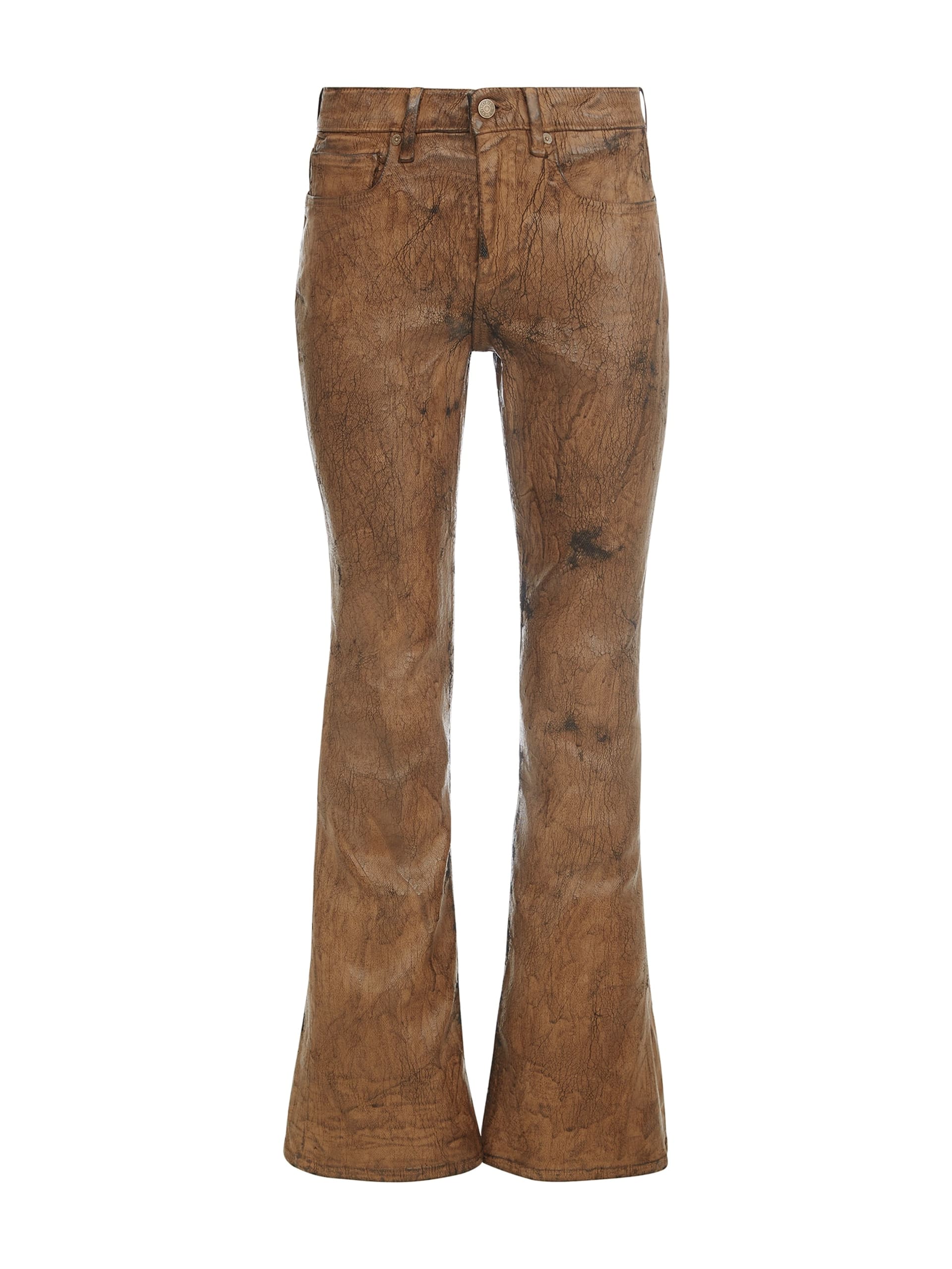 calça jeans flare de denim revestido