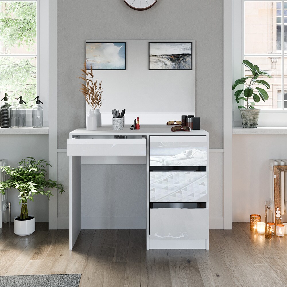 Vicco Schminktisch Frisiertisch Frisierkommode Sherry Weiß Schminkspiegel 90x75 cm modern Schlafzimmer Kommode Schublade Ablage Aufbewahrung Kosmetiktisch Make-Up-Tisch Hochglanz