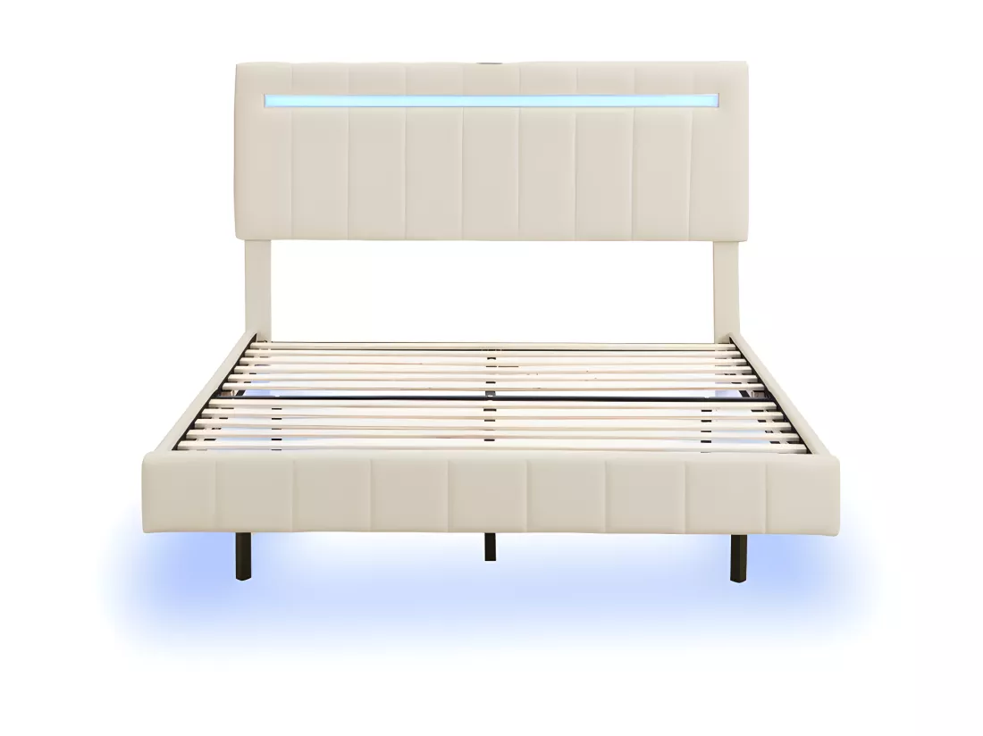 Lit rembourré en lin - 160x200cm - avec éclairage LED et Ports de charge USB - Beige