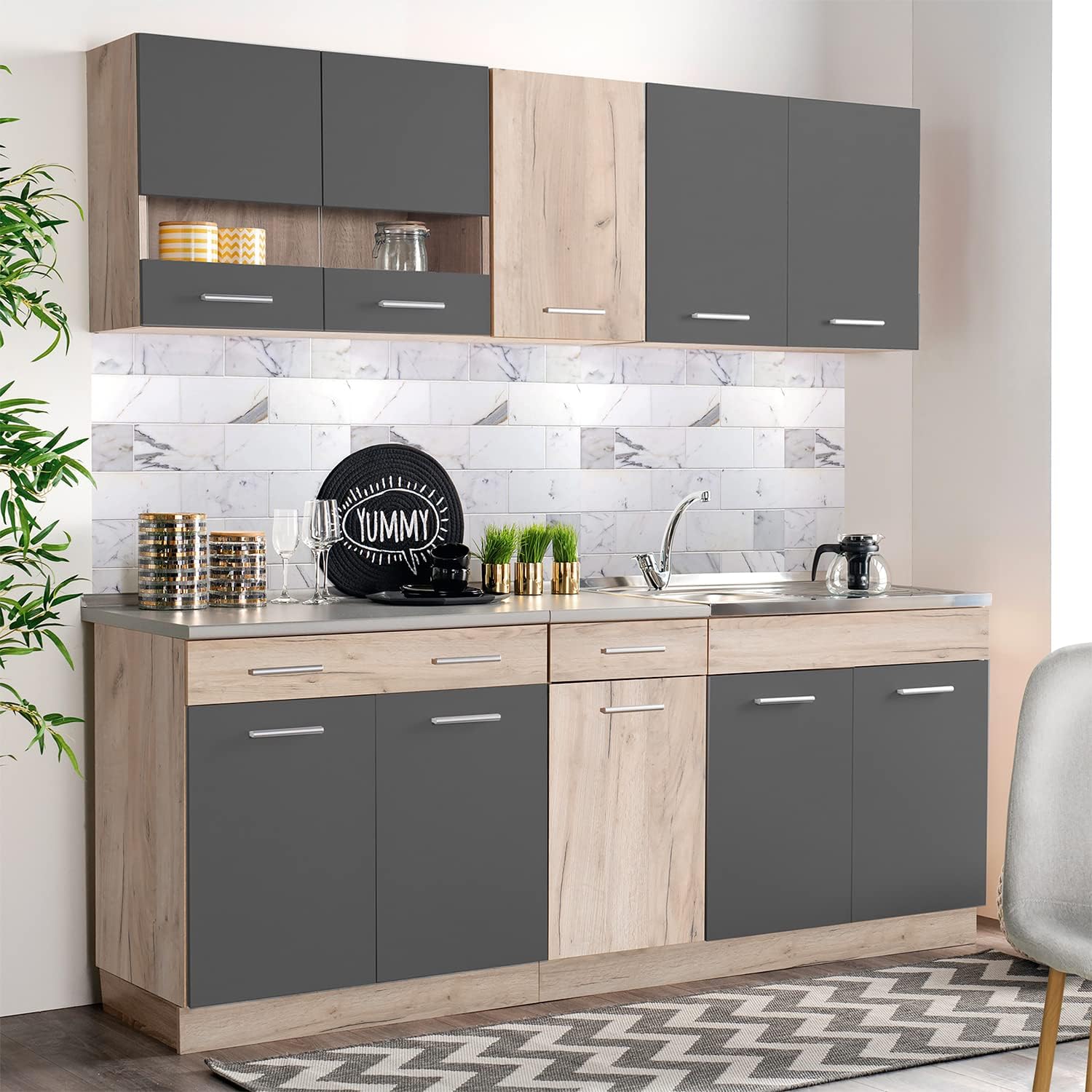 Homestyle4u 2357, Küche Küchenzeile Küchenblock Eiche Holz Grau Einbauküche Single Küchen Schränke 200 cm