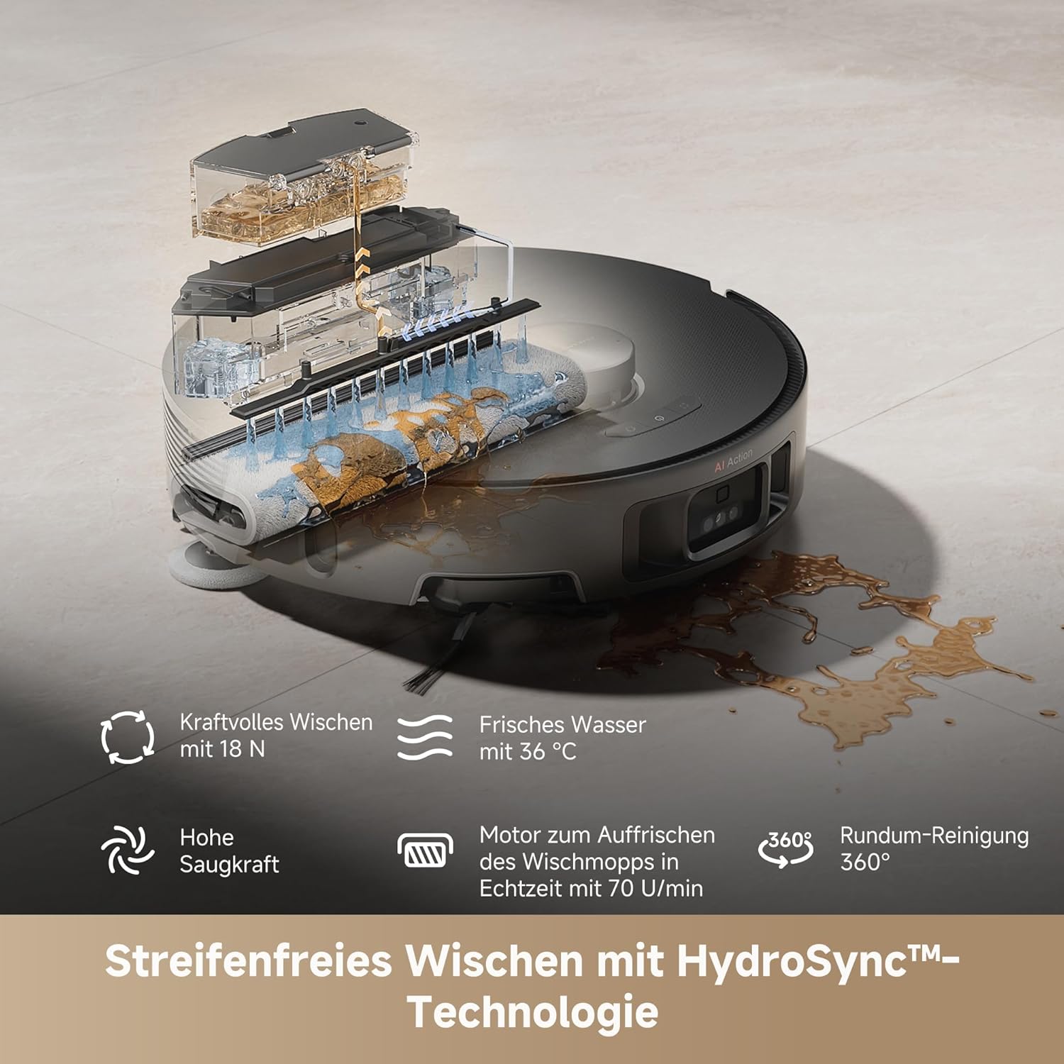 Mova Z50 Ultra saugroboter mit wischfunktion mit 19,000 Pa, 18N Abwärtsdruck, Lift-Mopp & Bürste, Tricut, DToF+RGB AI-Hindernisvermeidung, 75°C Heißwasser-Mopp, Selbstreinigend, Auto Entl./Nachfüll