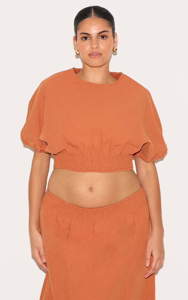 Orange Brûlé Top Court Taille Froncée Manches Courtes Ensemble Grande Taille