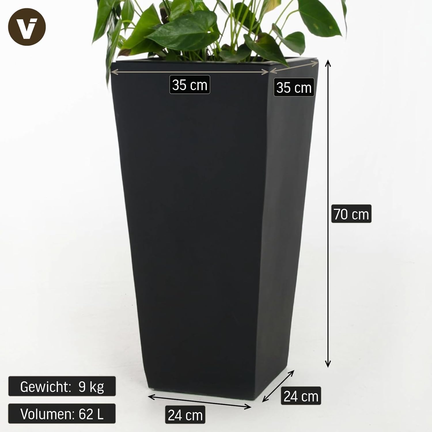 VIVANNO Pflanzkübel Fiberglas anthrazit-grau 35x35x70 cm – wetterfest, frostbeständig, für Innen- und Außenbereich