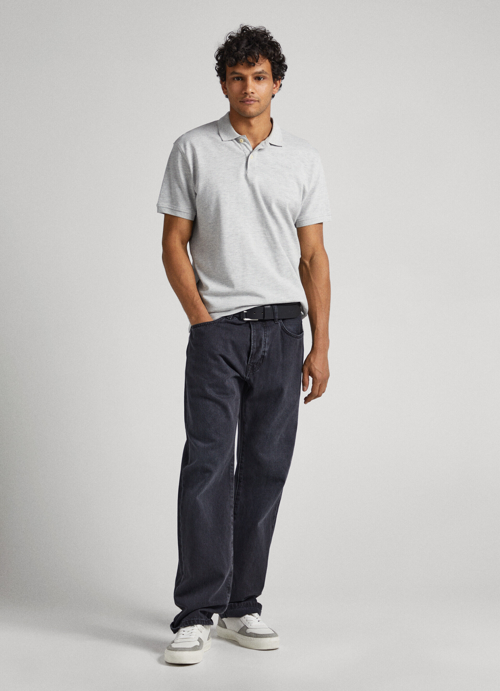 Camisa polo de algodão piqué com logotipo bordado - cinza mescla