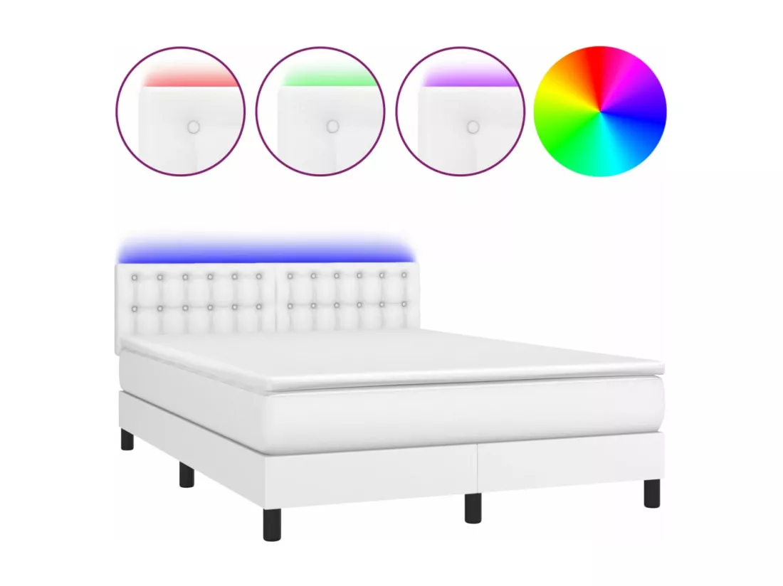 Sommier tapissier et matelas et LED Blanc 140x190 cm Similicuir