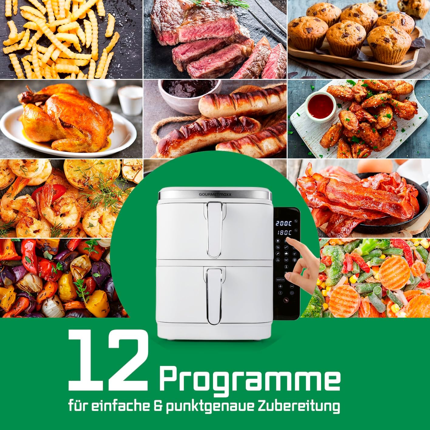 GOURMETmaxx FryUp Vertikale Doppelkammer Heißluftfritteuse | vertikaler Airfryer | klappbares Touchdisplay | 32% platzsparender | Fassungsvermögen 10L | Heißluftfritteuse 2 Kammern