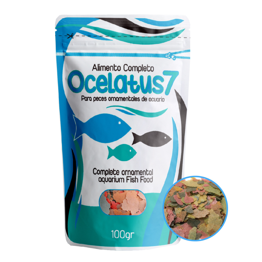Alimento em flocos para peixes tropicais - Não turva a água - OCELATUS7 100g - 500ml