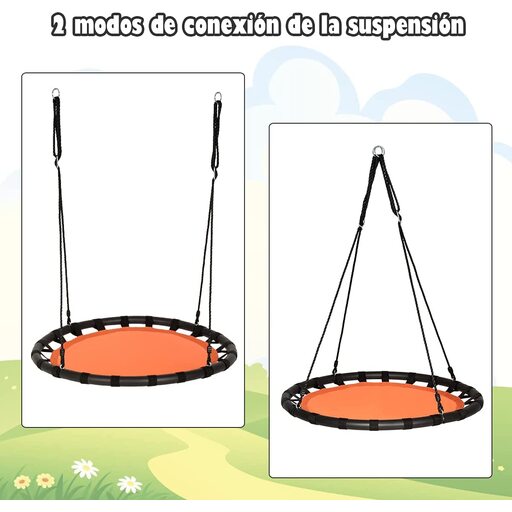 Balanço redondo tipo ninho de 100 cm, com largura ajustável de 100 a 160 cm e capacidade de carga de até 150 kg.
