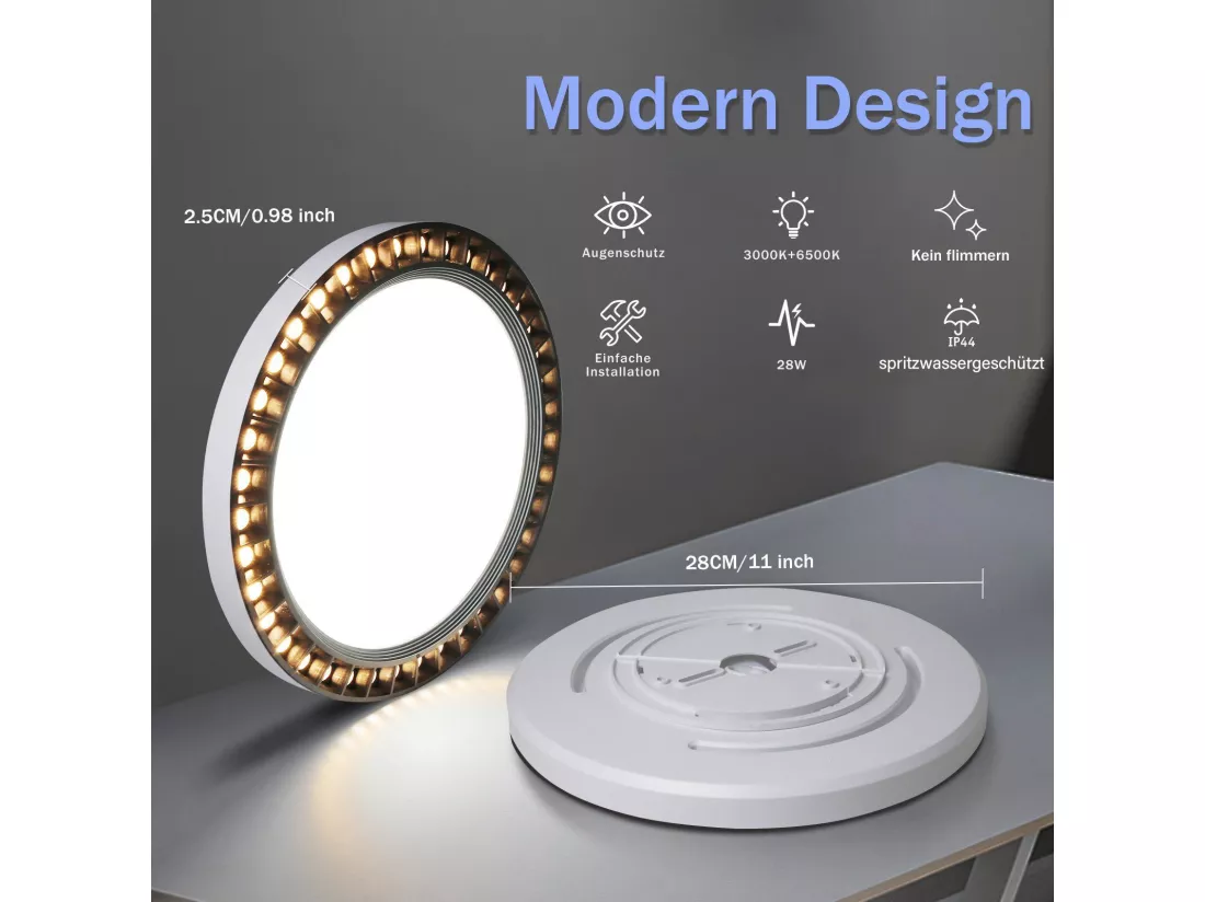 NETTLIFE Plafonnier LED Noir 3000K/6500K Rond 24W Moderne IP44 Etanche pour Salle de Bain Chambre Salon Cuisine Balcon