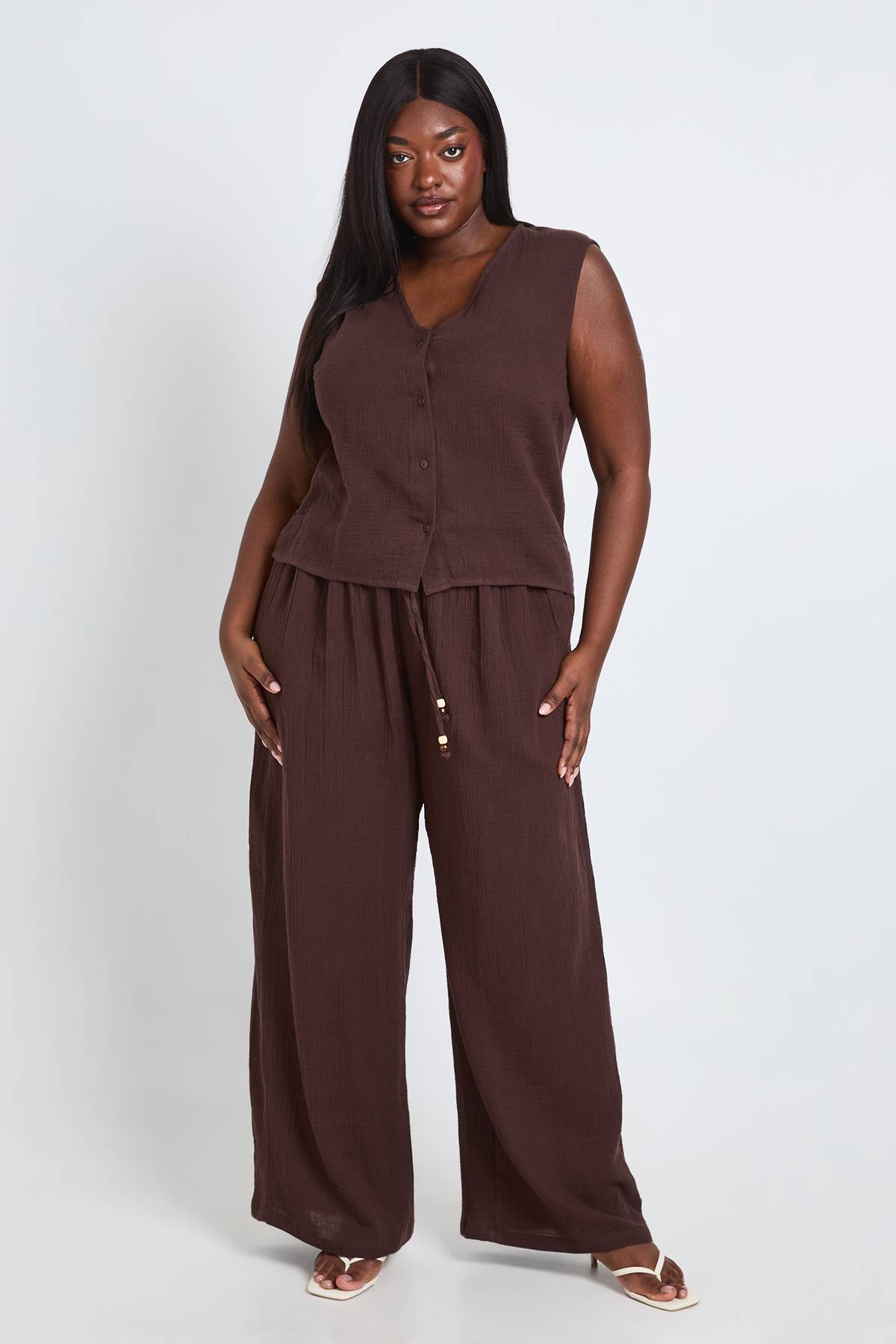 boohoo Ensemble Grande Taille Gilet En Gaze De Coton Et Pantalon À Perles