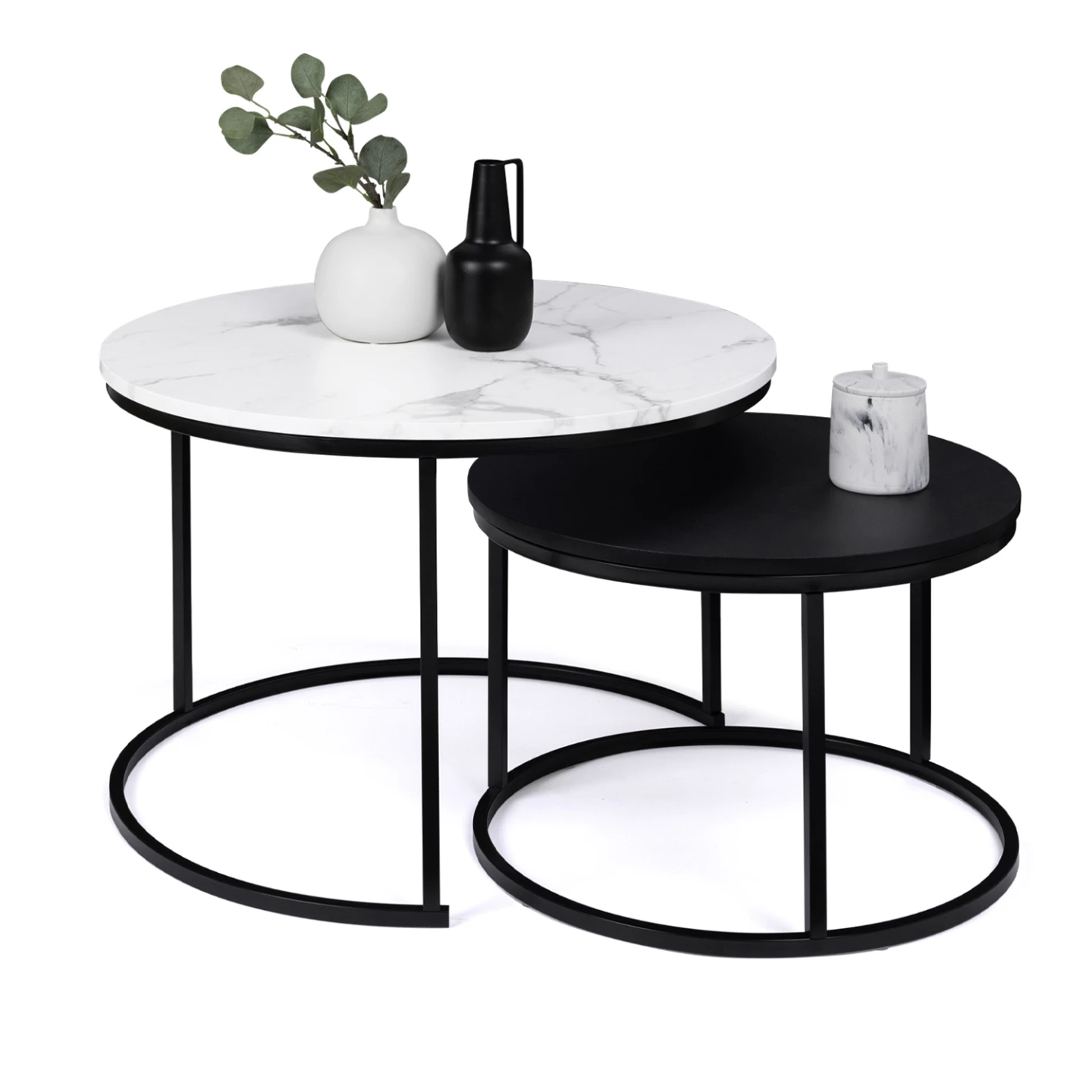 Lot de 2 tables basses gigognes ALASKA rondes 54/70 effet marbre et noir pieds métal