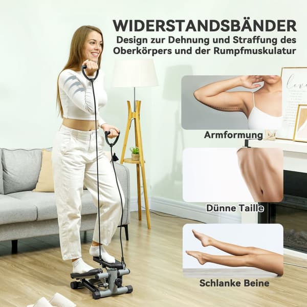 2 i 1 mini stepper for hjemmet med krafttau, opp-ned sving-stepper med LCD-skjerm, stepper hjemmetrener opptil 100 kg for bein-/armtrening, hjemmekont