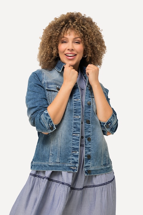 Jeansjacke, Streifen, Hemdkragen, Knopfleiste