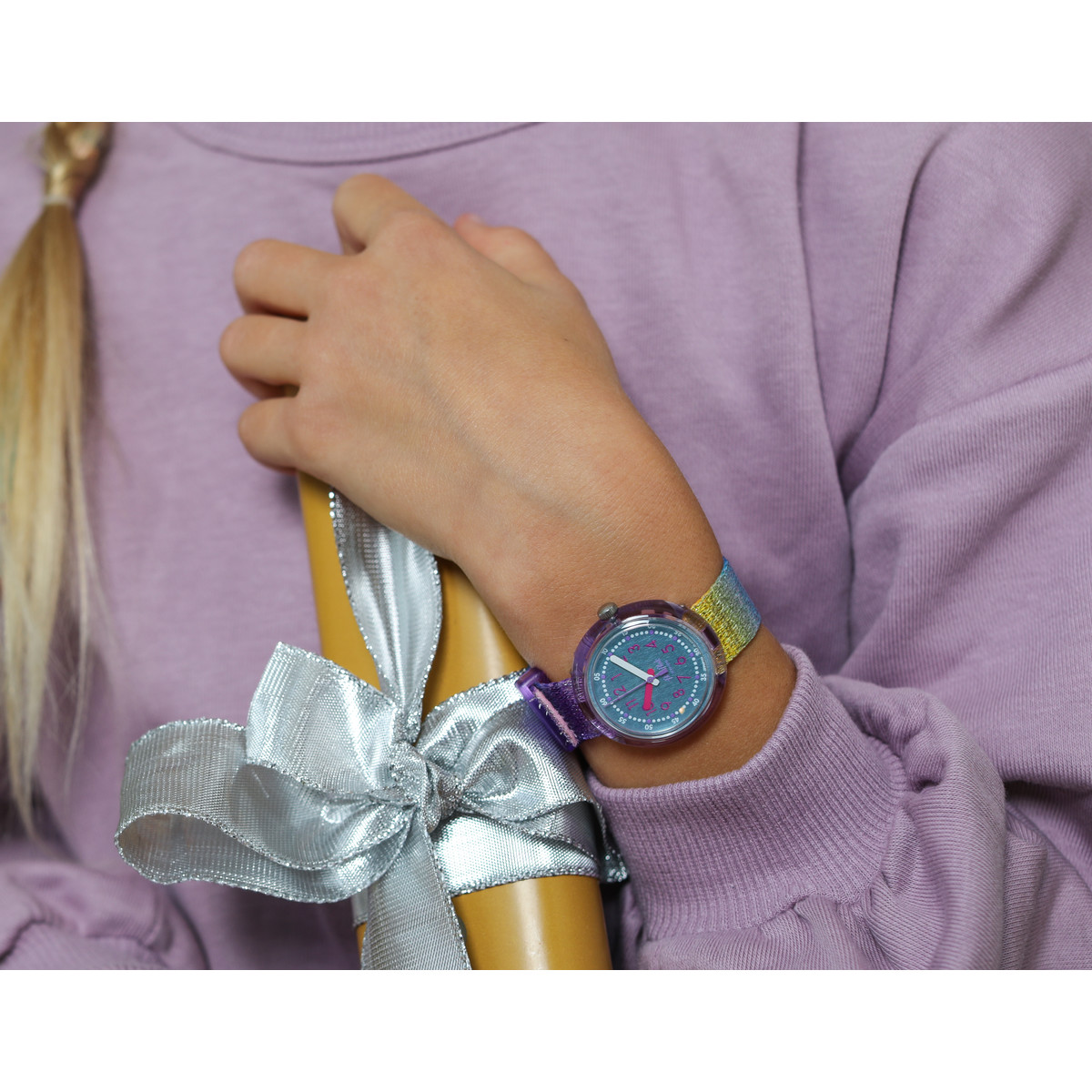 Montre FLIK FLAK Shine Bright Christmas enfant bracelet tissu recyclé rose