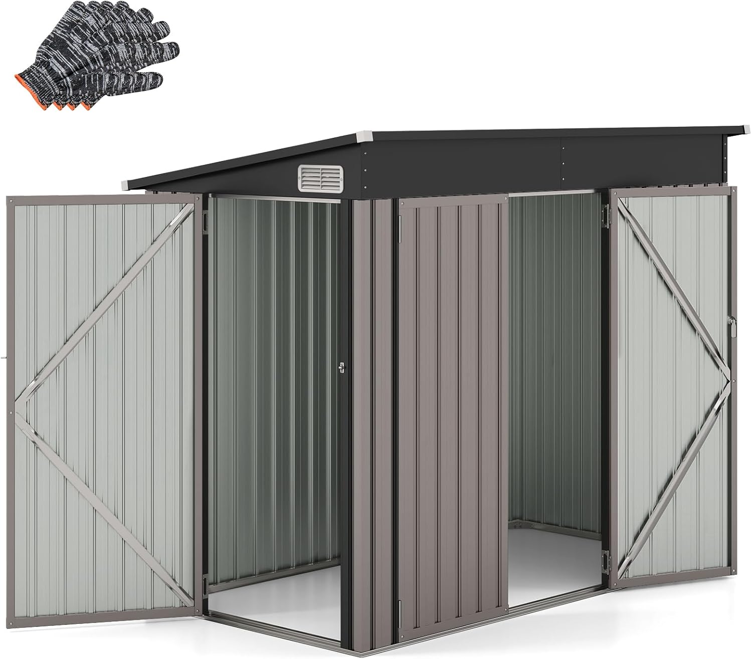 COSTWAY Gartenhaus Metall, 235 x 117 x 185 cm, Gerätehaus mit Vordertür & Seitentür & Pultdach, Geräteschuppen abschließbar, Gartenhütte Gartenschuppen, Garten Schuppen Outdoor (Hellbraun)