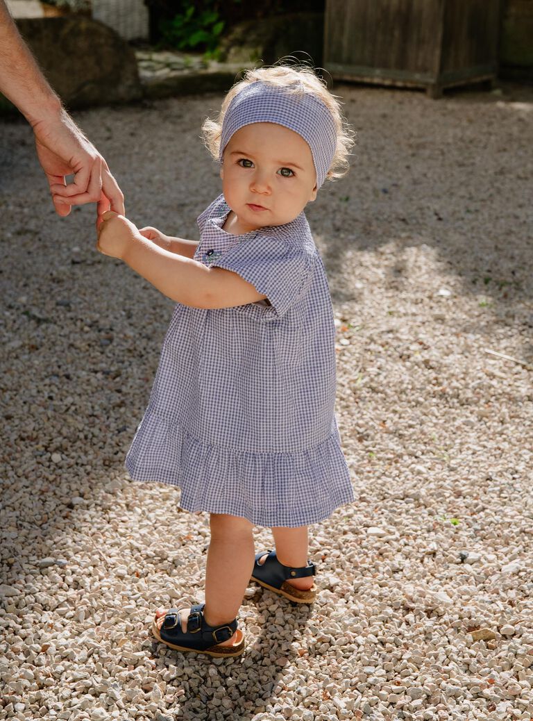 Robe en seersucker vichy bleu nuit et blanc