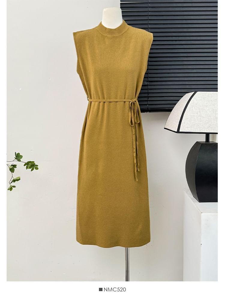 Lemongrass - Effen, losse midi-jurk met col en sjerp in 7 kleuren