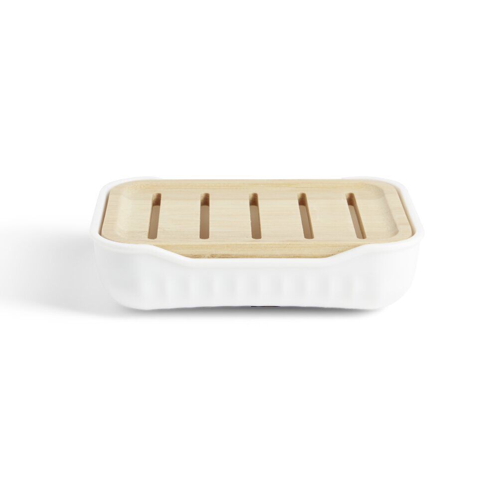 Porte-savon salle de bain bambou et plastique blanc