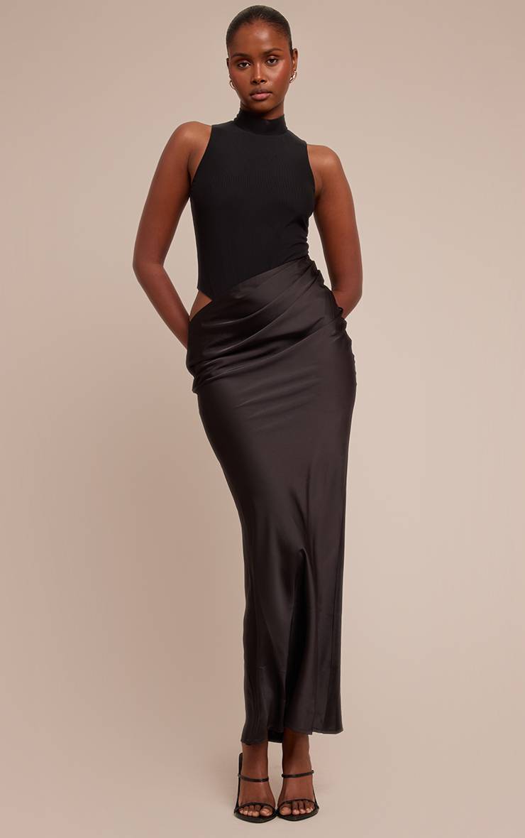 Noir Robe Maxi Jupe Satinée À Empiècement Mesh Racer