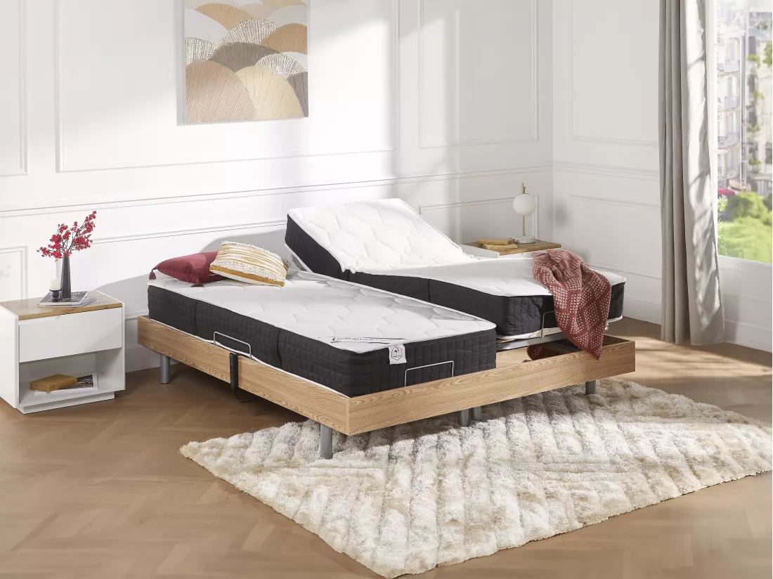 Lit électrique de relaxation tout plots + matelas ressorts ensachés et mémoire forme - 2 x 90 x 200 cm - Chêne - PHANES de YSMÉE