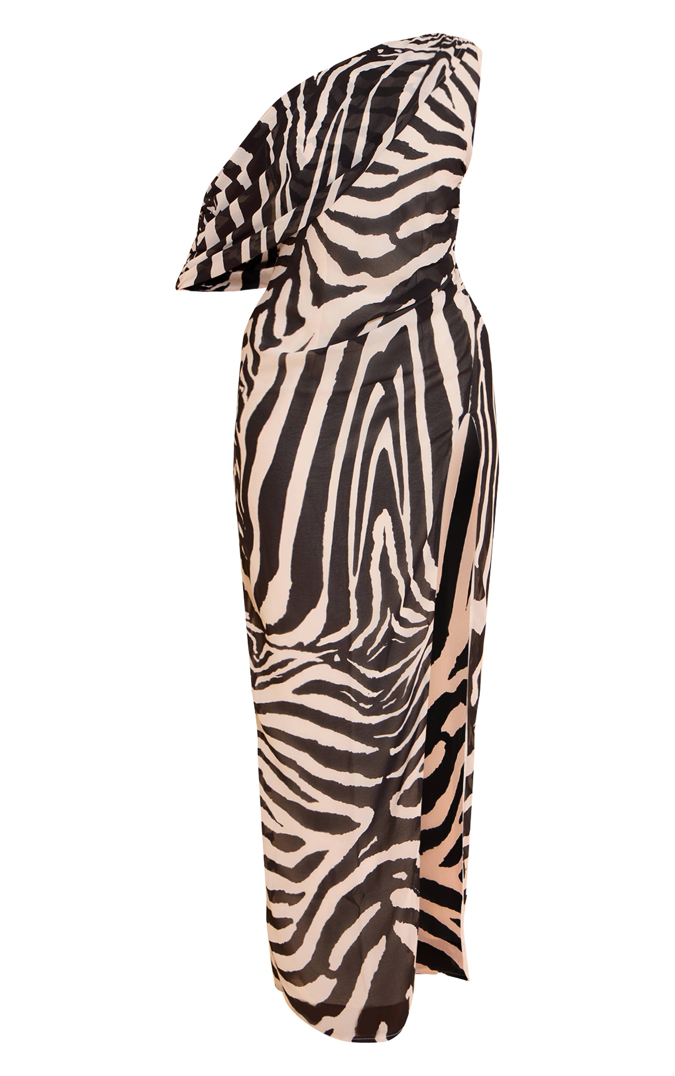 Marron Robe Longue En Mousseline Imprimé Zèbre Avec Détail Drapé