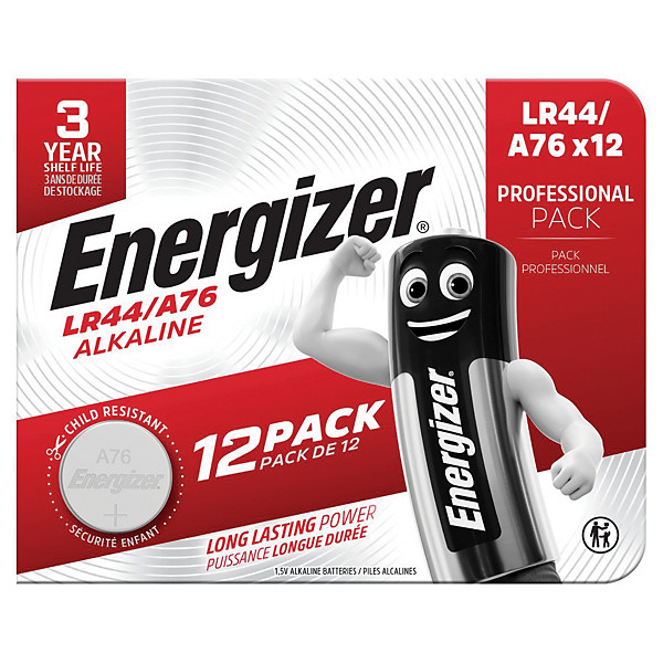 Piles boutons alcalines Energizer LR44 / A76, lot de 12