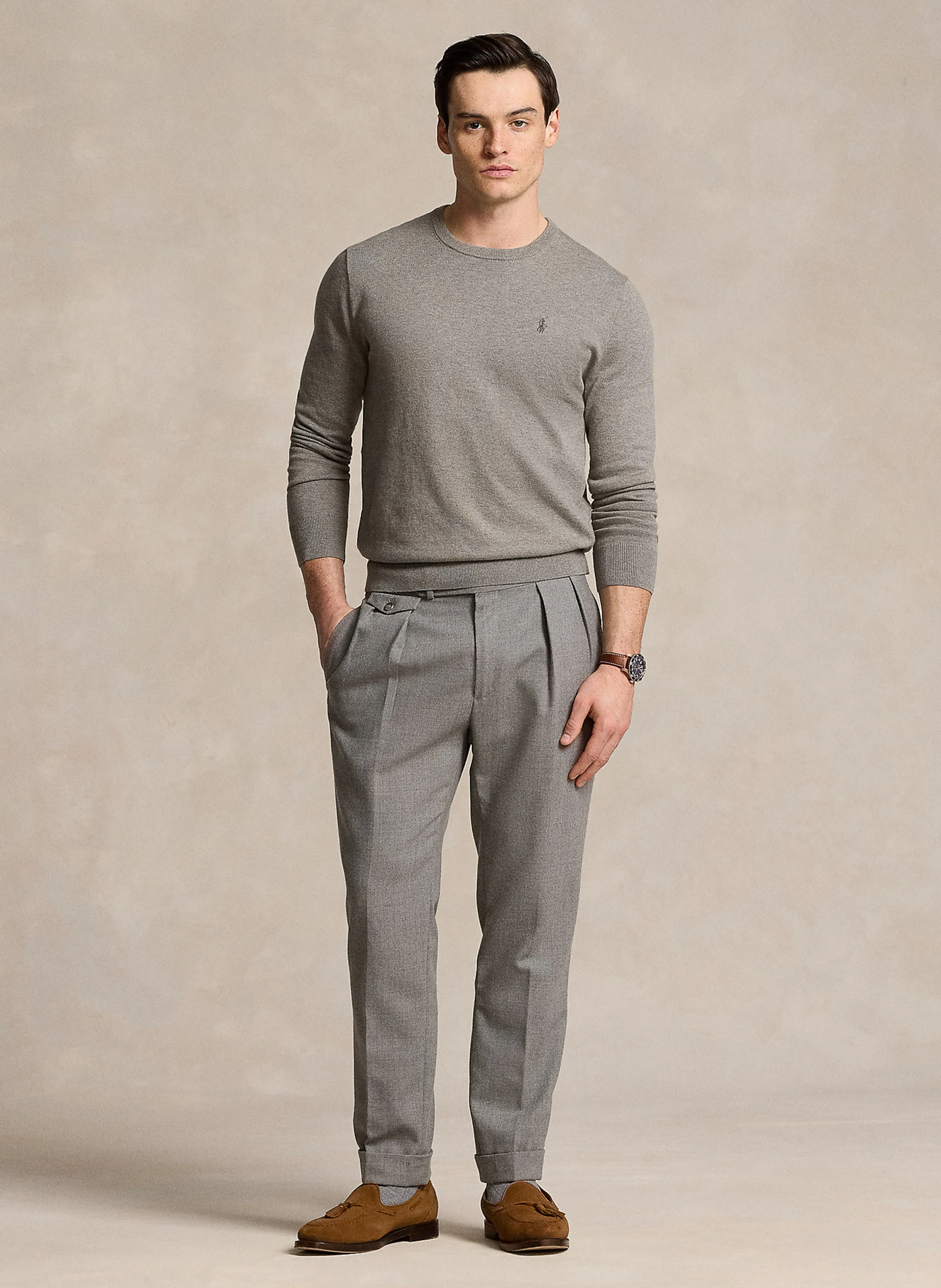 Pull col rond logo brodé en coton mélangé | Marron