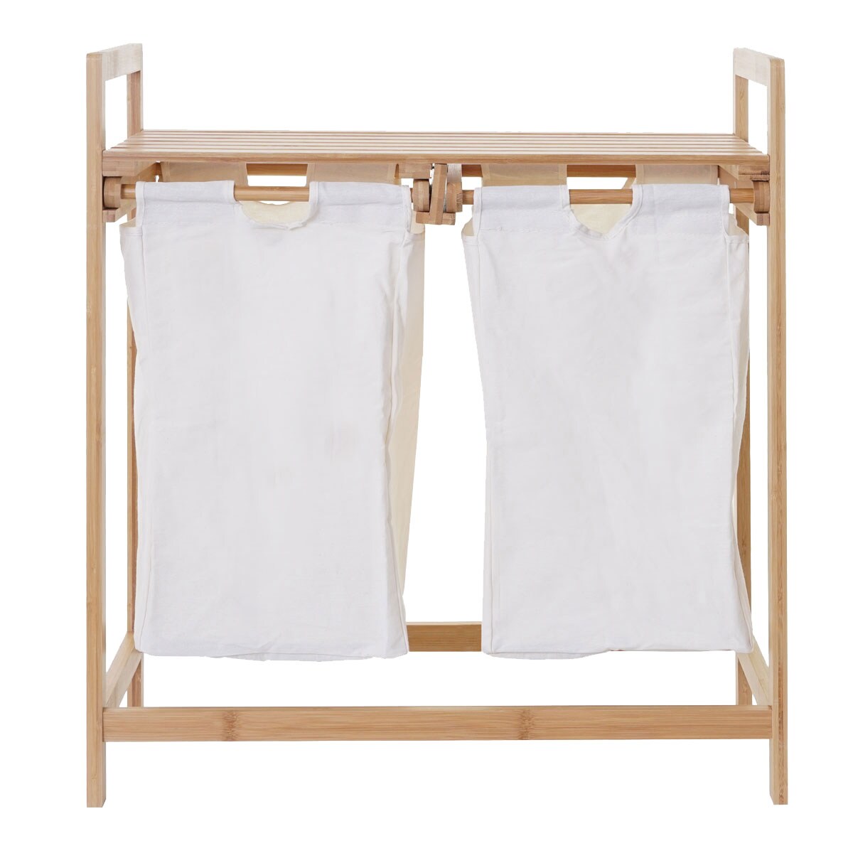Wäschesammler MCW-B83, Laundry Wäschesortierer Wäschekorb Wäschebehälter, Bambus 2 Fächer 74x64x33cm 70l ~ weiß