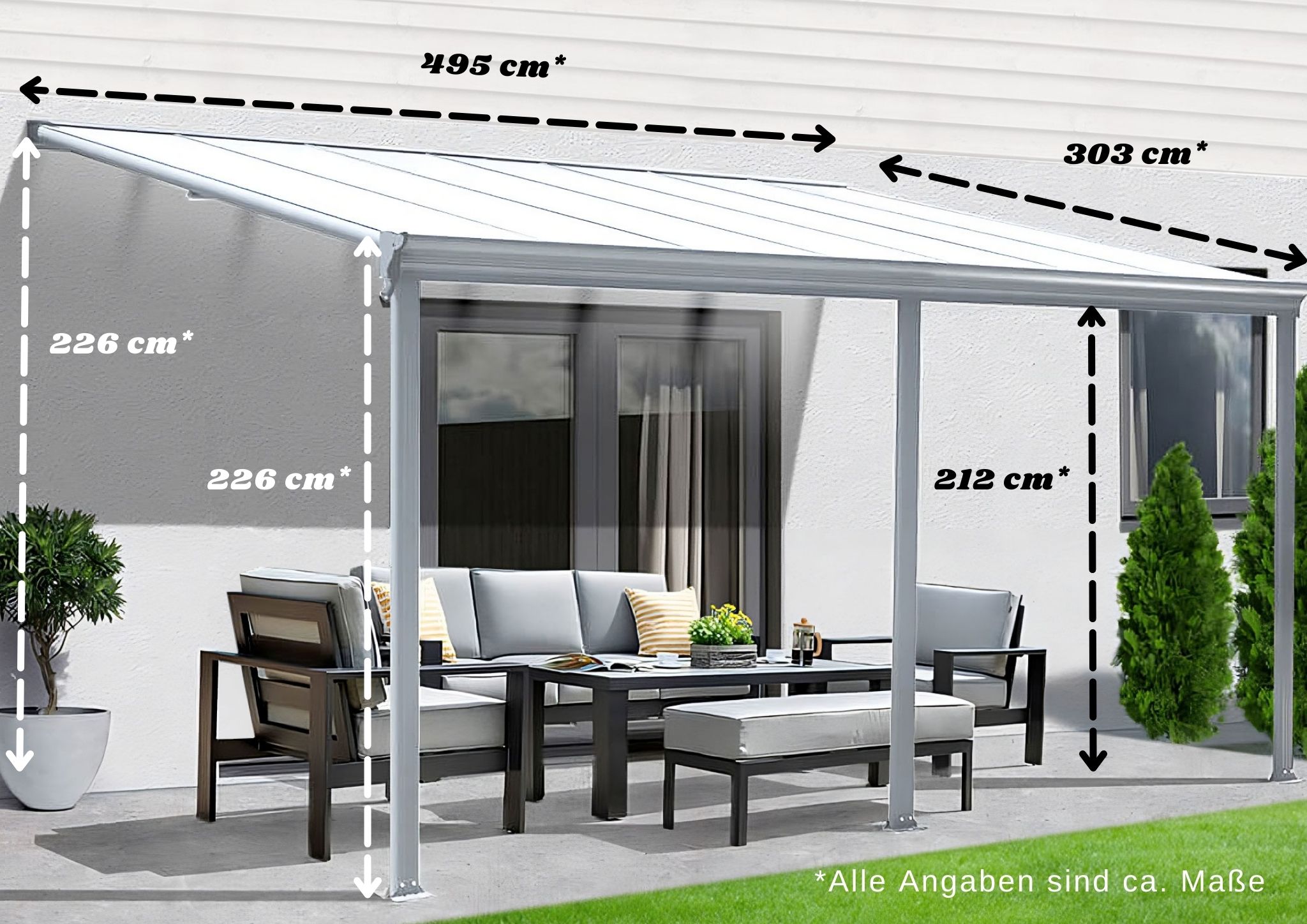 Terrassenüberdachung Aluminium 495 cm als Bausatz Sichtschienen und Hohlkammerplatten Weiß