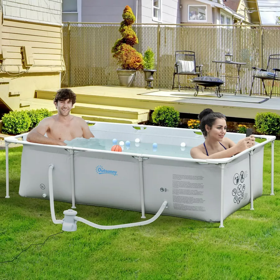 Outsunny Swimmingpool mit Filterpumpe und Filterpatrone, Rost- und korrosionsbeständig grau